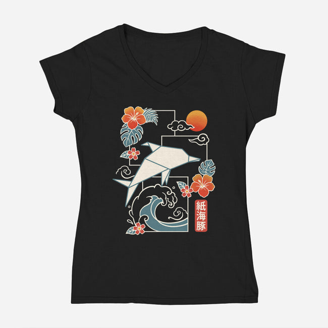 Origami Dolphin-Womens-V-Neck-Tee-NemiMakeit