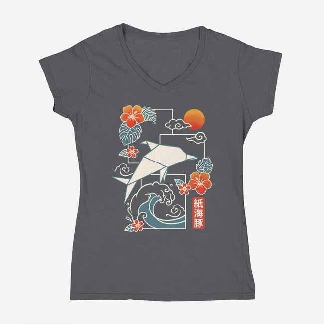 Origami Dolphin-Womens-V-Neck-Tee-NemiMakeit