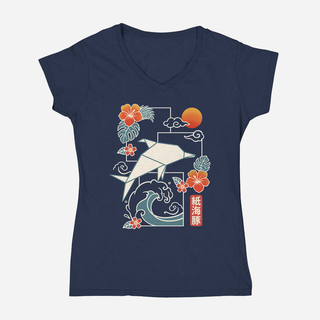 Origami Dolphin-Womens-V-Neck-Tee-NemiMakeit