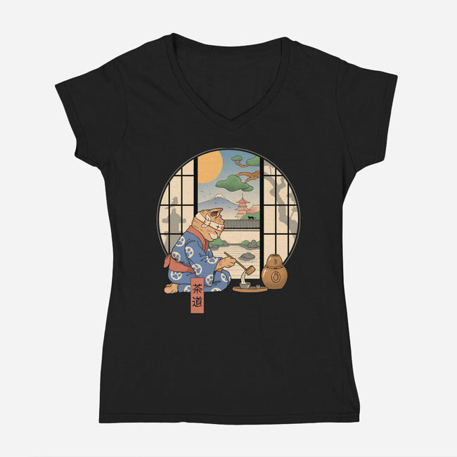 Tea Cat Ceremony-Womens-V-Neck-Tee-vp021