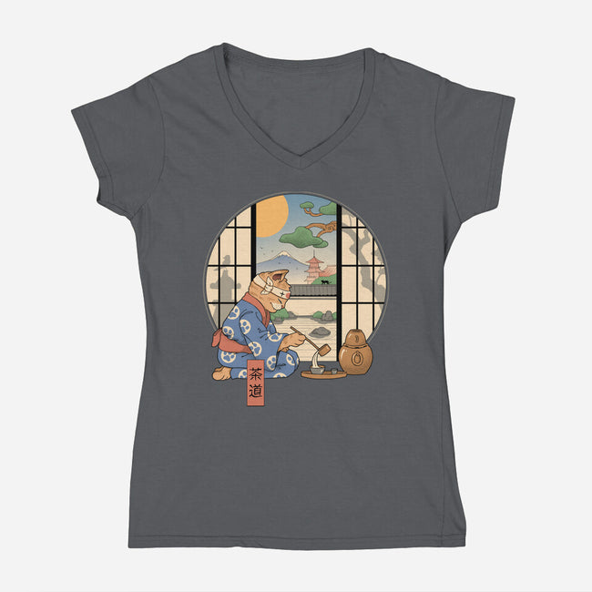 Tea Cat Ceremony-Womens-V-Neck-Tee-vp021