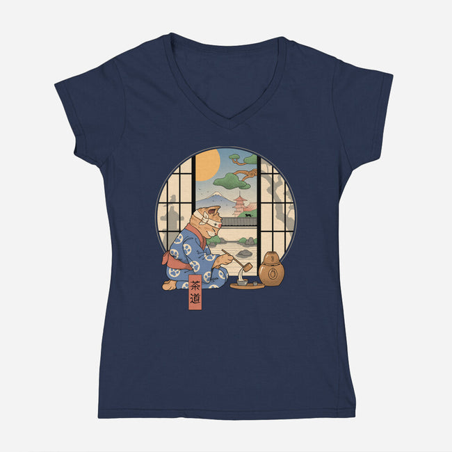 Tea Cat Ceremony-Womens-V-Neck-Tee-vp021
