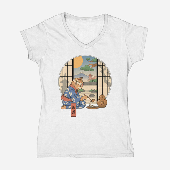 Tea Cat Ceremony-Womens-V-Neck-Tee-vp021