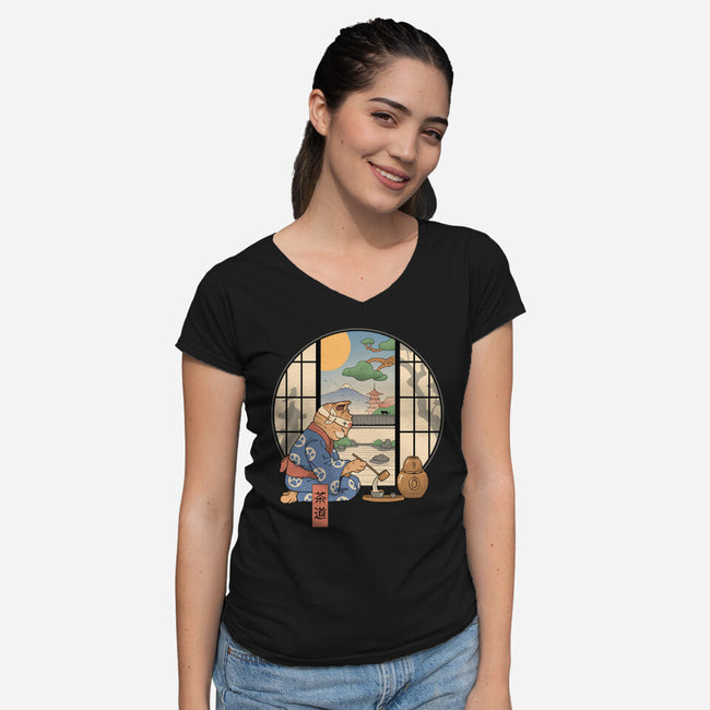 Tea Cat Ceremony-Womens-V-Neck-Tee-vp021