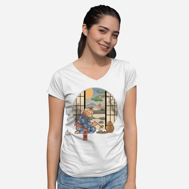 Tea Cat Ceremony-Womens-V-Neck-Tee-vp021