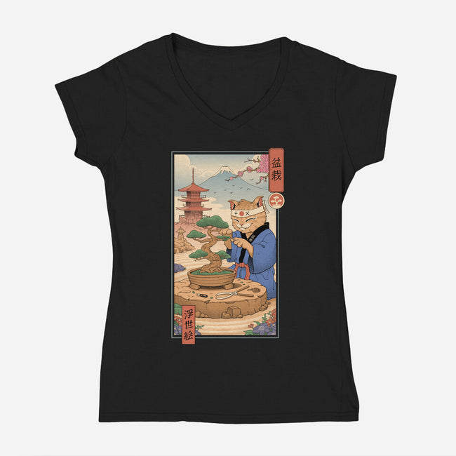 Bonsai Cat Meowster-Womens-V-Neck-Tee-vp021