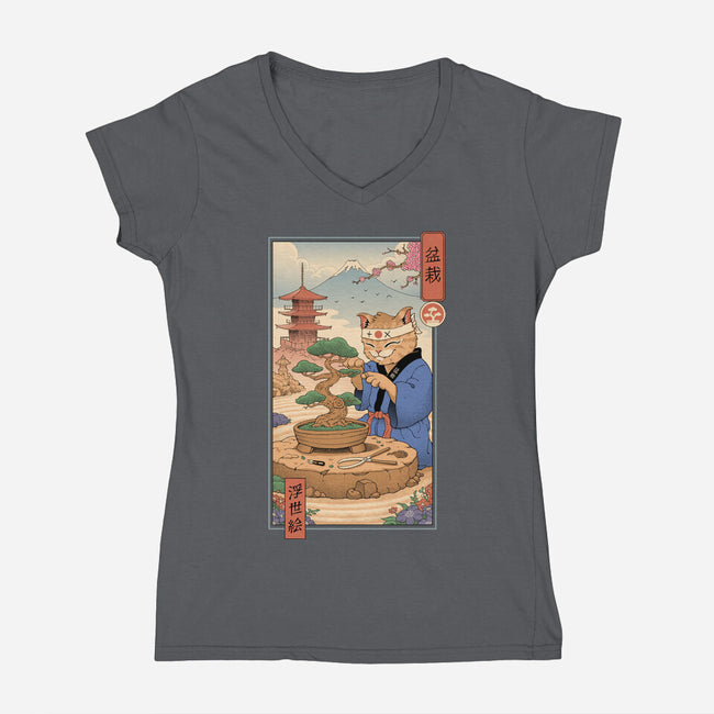 Bonsai Cat Meowster-Womens-V-Neck-Tee-vp021