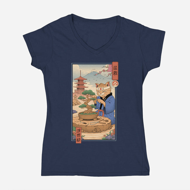 Bonsai Cat Meowster-Womens-V-Neck-Tee-vp021