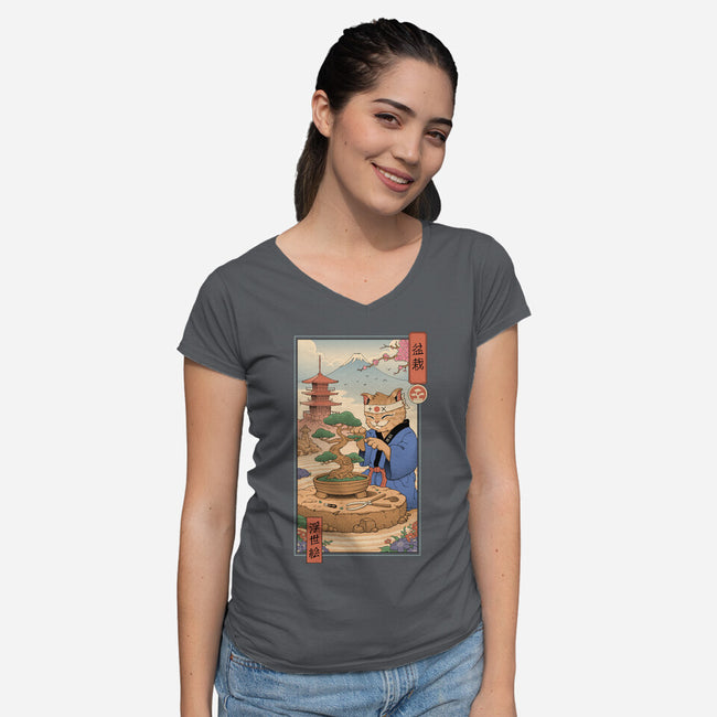 Bonsai Cat Meowster-Womens-V-Neck-Tee-vp021