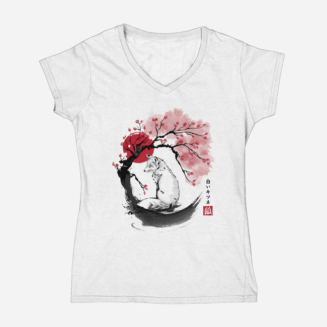 White Kitsune Sumi-e-Womens-V-Neck-Tee-DrMonekers