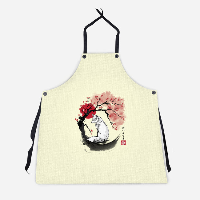 White Kitsune Sumi-e-Unisex-Kitchen-Apron-DrMonekers