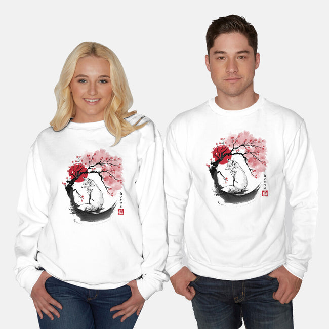 White Kitsune Sumi-e-Unisex-Crew Neck-Sweatshirt-DrMonekers