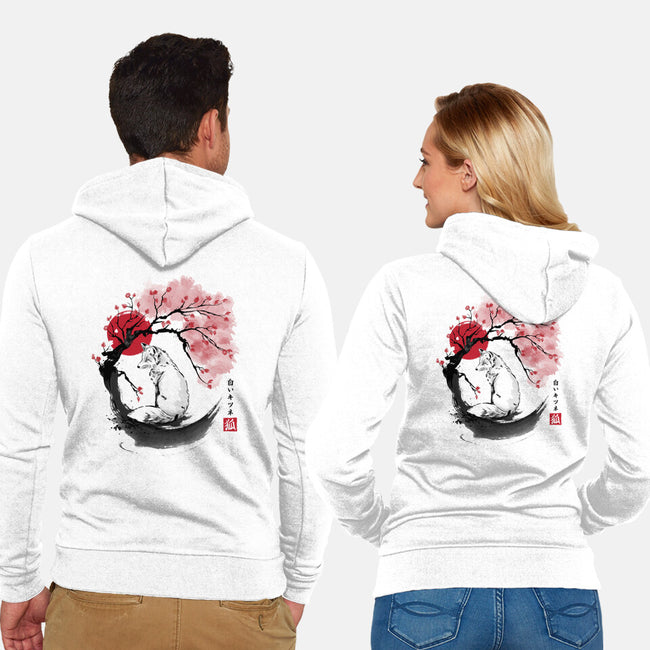 White Kitsune Sumi-e-Unisex-Zip-Up-Sweatshirt-DrMonekers