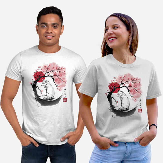 White Kitsune Sumi-e-Unisex-Basic-Tee-DrMonekers
