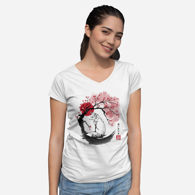 White Kitsune Sumi-e-Womens-V-Neck-Tee-DrMonekers