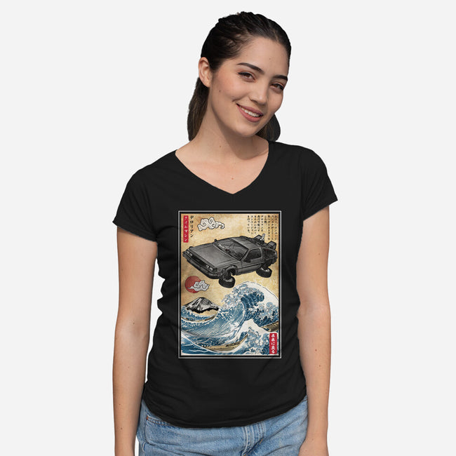 Time Machine Woodblock-Womens-V-Neck-Tee-DrMonekers