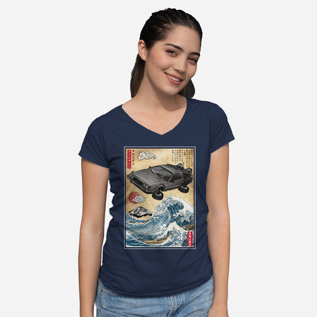 Time Machine Woodblock-Womens-V-Neck-Tee-DrMonekers