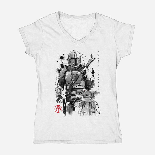 The Bounty Hunter And The Child Sumi-e-Womens-V-Neck-Tee-DrMonekers
