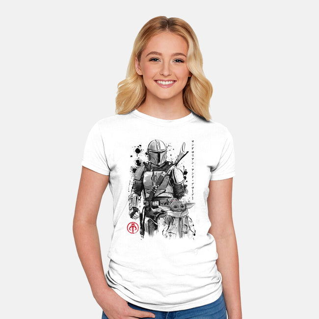 The Bounty Hunter And The Child Sumi-e-Womens-Fitted-Tee-DrMonekers