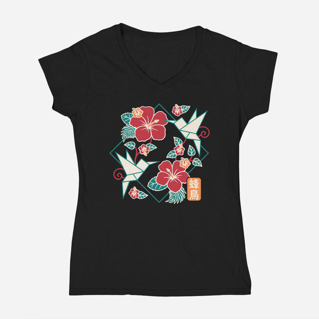 Origami Hummingbird-Womens-V-Neck-Tee-NemiMakeit