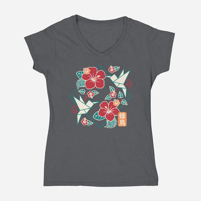 Origami Hummingbird-Womens-V-Neck-Tee-NemiMakeit