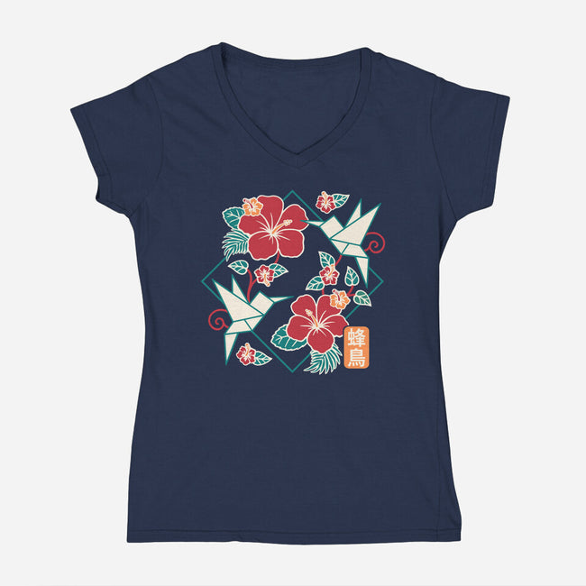 Origami Hummingbird-Womens-V-Neck-Tee-NemiMakeit