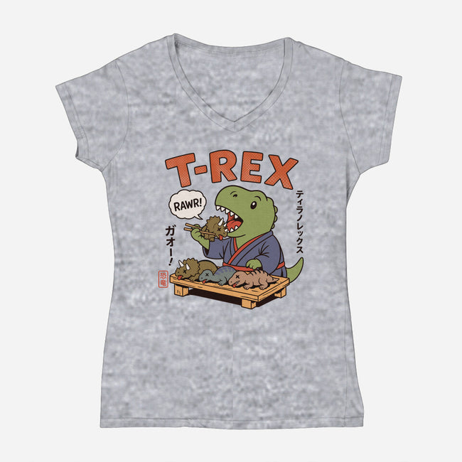 T-Rex Breakfast-Womens-V-Neck-Tee-fanfabio
