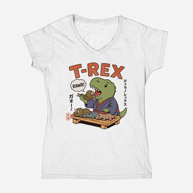 T-Rex Breakfast-Womens-V-Neck-Tee-fanfabio