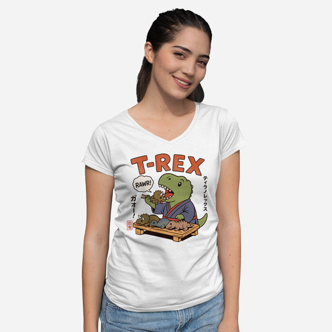 T-Rex Breakfast-Womens-V-Neck-Tee-fanfabio