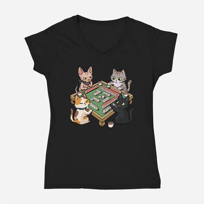 Cat Mahjong-Womens-V-Neck-Tee-GoshWow