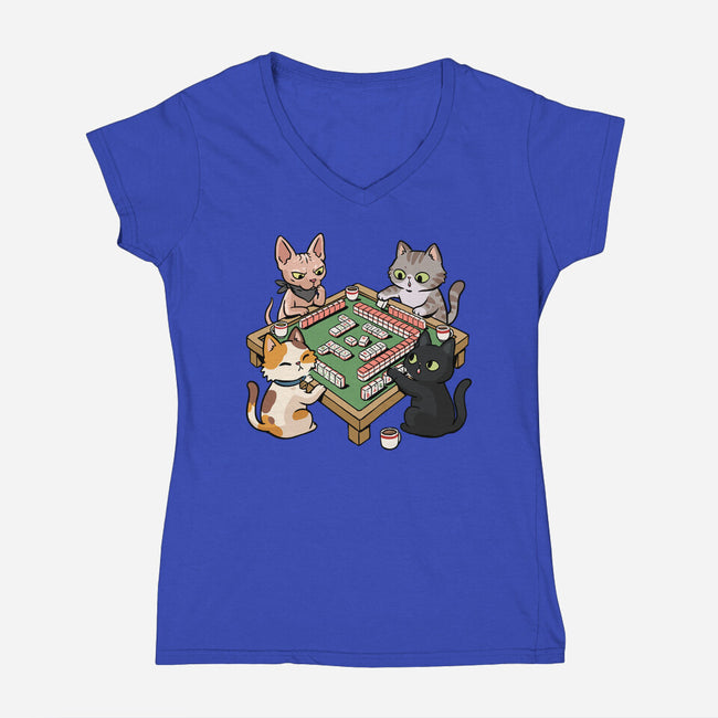 Cat Mahjong-Womens-V-Neck-Tee-GoshWow