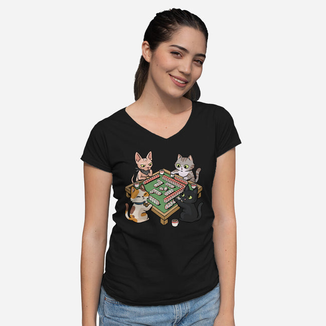 Cat Mahjong-Womens-V-Neck-Tee-GoshWow