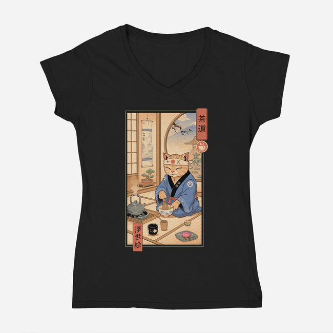 Tea Cat Meowster-Womens-V-Neck-Tee-vp021
