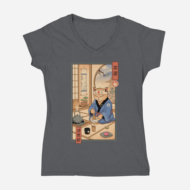 Tea Cat Meowster-Womens-V-Neck-Tee-vp021