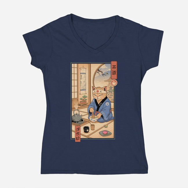 Tea Cat Meowster-Womens-V-Neck-Tee-vp021