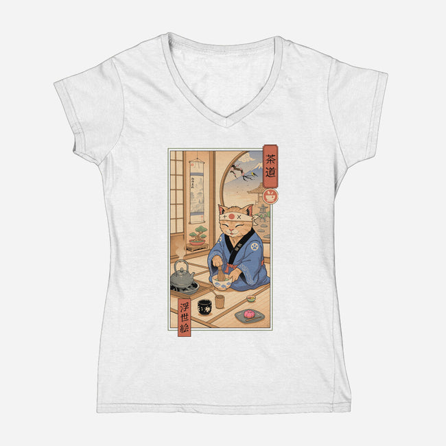 Tea Cat Meowster-Womens-V-Neck-Tee-vp021