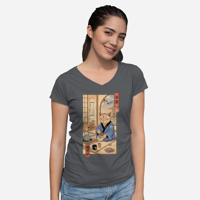 Tea Cat Meowster-Womens-V-Neck-Tee-vp021