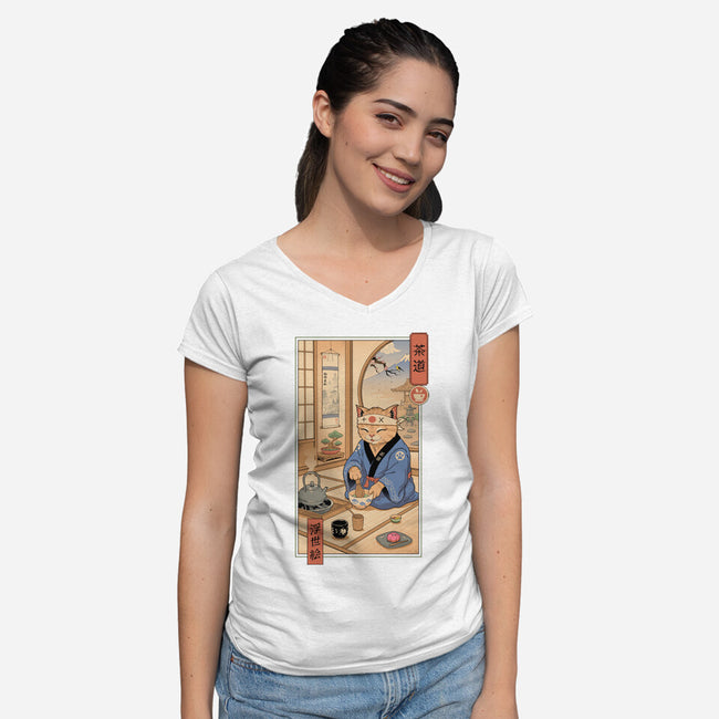 Tea Cat Meowster-Womens-V-Neck-Tee-vp021