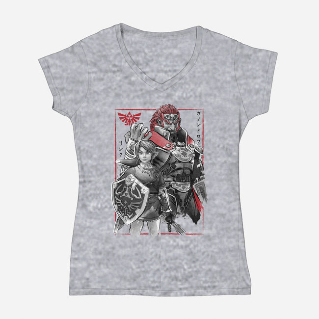 The Hero And The Evil King-Womens-V-Neck-Tee-DrMonekers
