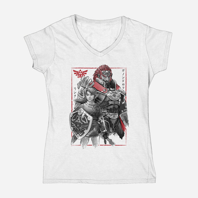 The Hero And The Evil King-Womens-V-Neck-Tee-DrMonekers