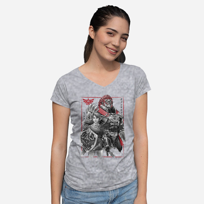 The Hero And The Evil King-Womens-V-Neck-Tee-DrMonekers
