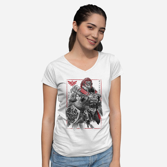 The Hero And The Evil King-Womens-V-Neck-Tee-DrMonekers