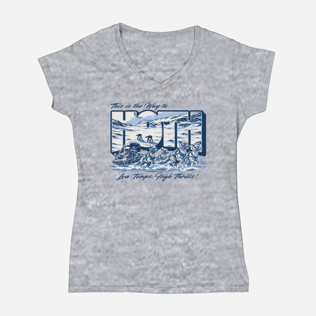 Low Temp High Thrills-Womens-V-Neck-Tee-Wheels
