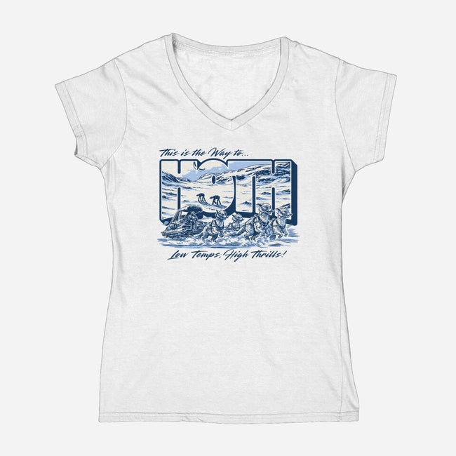 Low Temp High Thrills-Womens-V-Neck-Tee-Wheels
