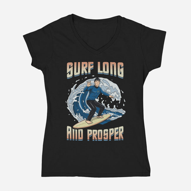 Surf Long And Prosper-Womens-V-Neck-Tee-NMdesign