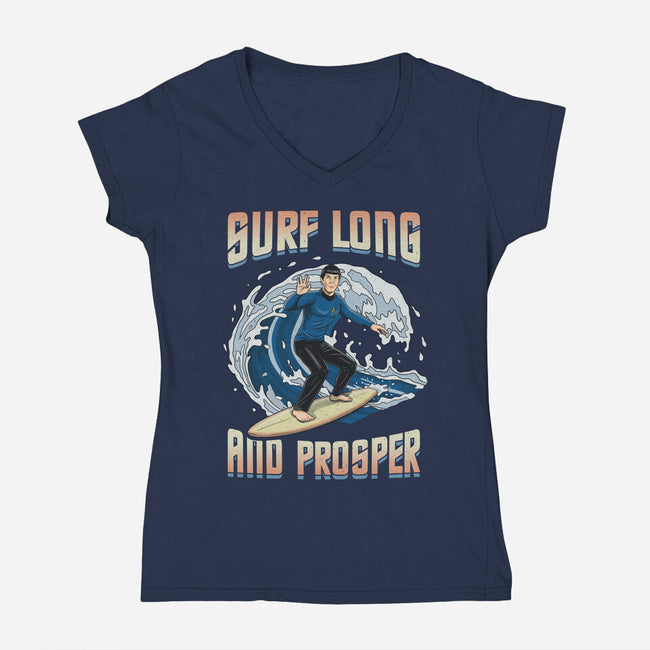 Surf Long And Prosper-Womens-V-Neck-Tee-NMdesign