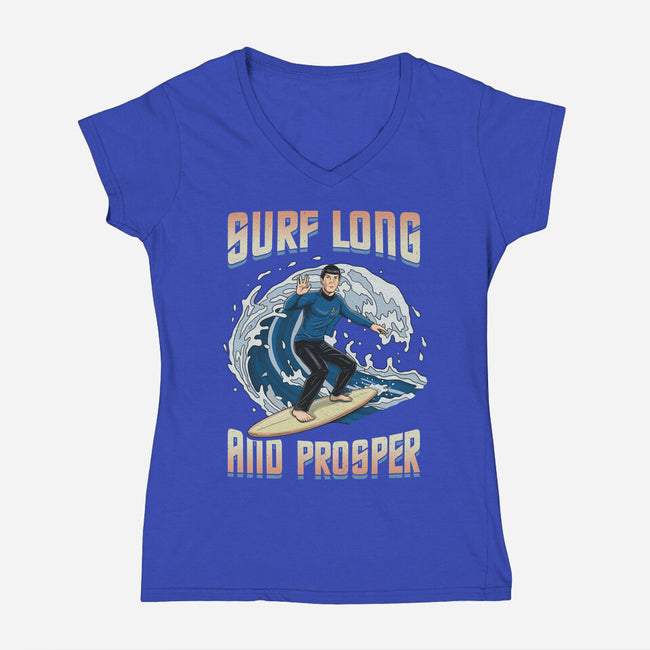 Surf Long And Prosper-Womens-V-Neck-Tee-NMdesign