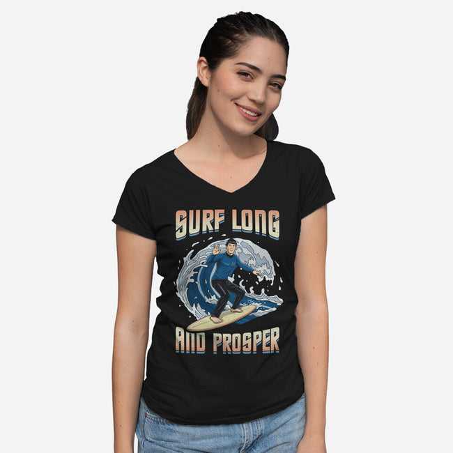 Surf Long And Prosper-Womens-V-Neck-Tee-NMdesign