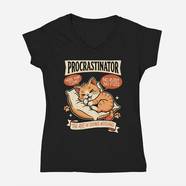 Procrastinator Cat-Womens-V-Neck-Tee-P1yu5h