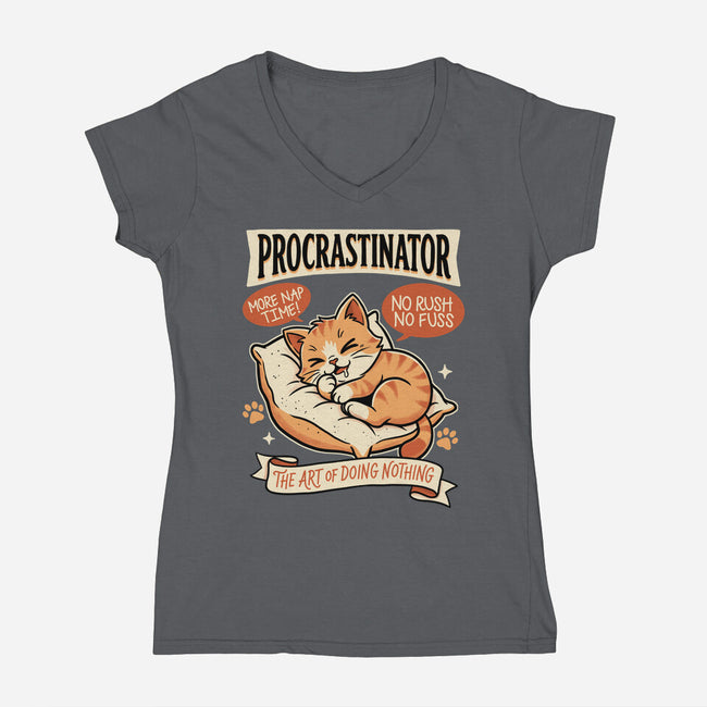 Procrastinator Cat-Womens-V-Neck-Tee-P1yu5h